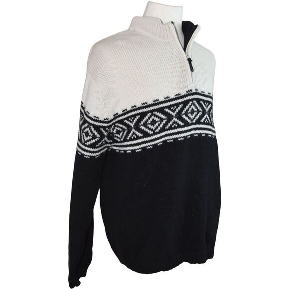 Vintage Obermeyer Mens 100% Wool Sweater Nordic Fair Isle Quarter Zip Black XL - Picture 2 of 5